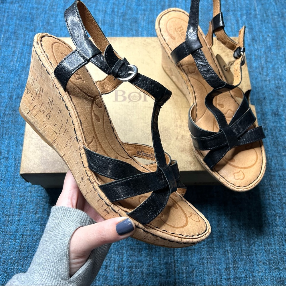 Born Tasia T-Strap Cork Wedge Sandals in Black Leather Women's Size 10 Heels NWT
